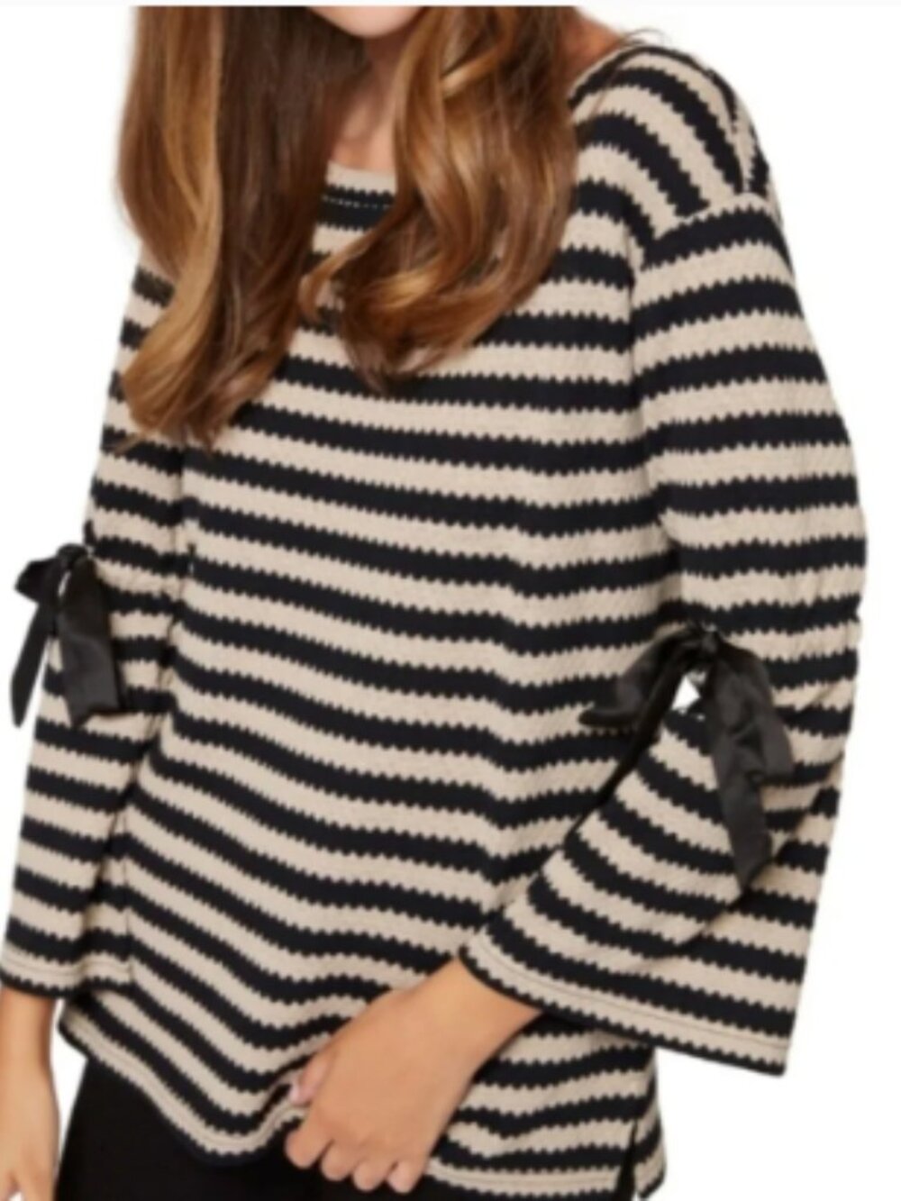 Sanctuary Black and Tan Striped Knit Top with Bow Sleeves